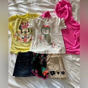 Kids 3 sets with tops and bottoms and one overall dress.